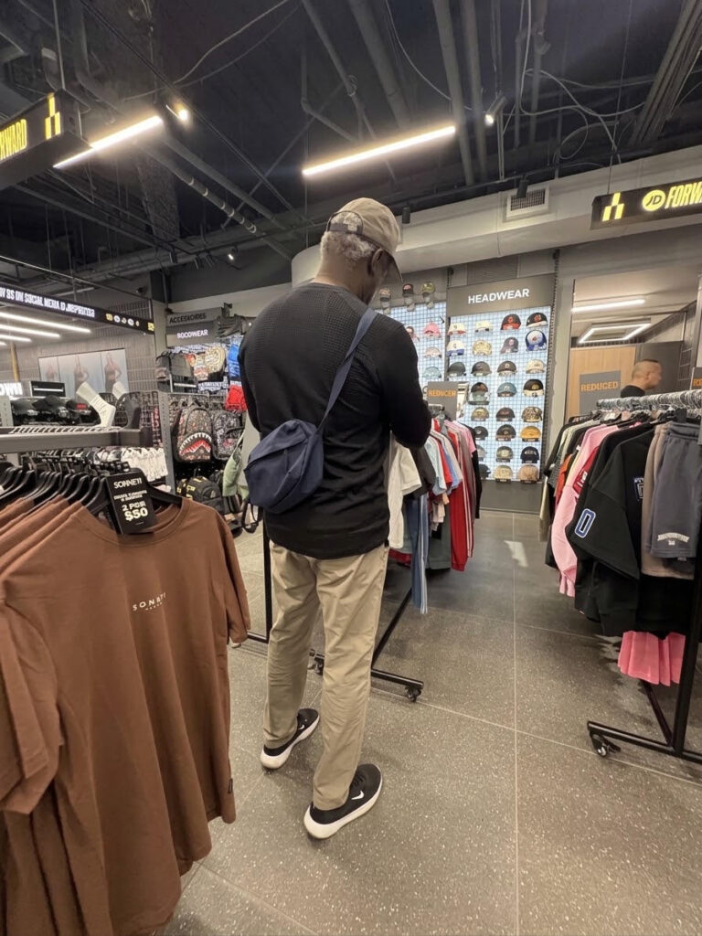 Plainclothes loss prevention officer walking a retail sales floor