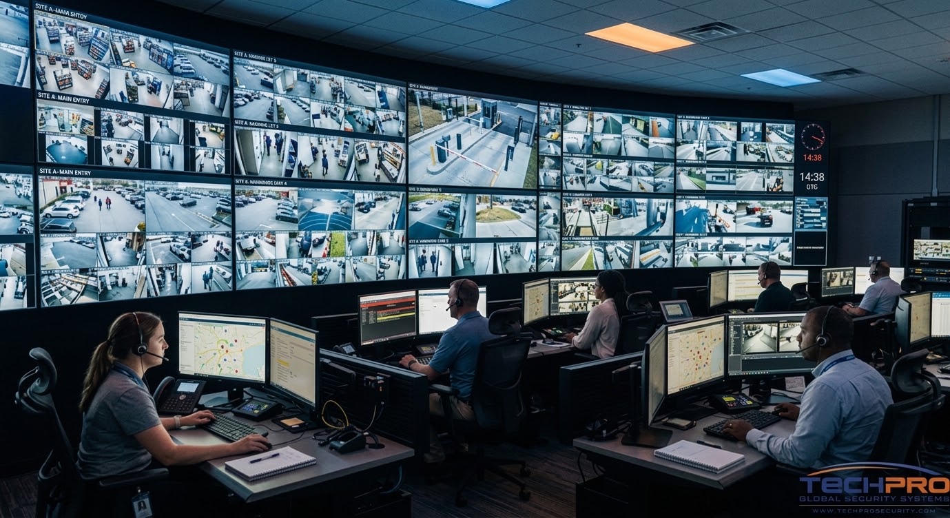 Security operators monitoring live camera feeds on a video wall